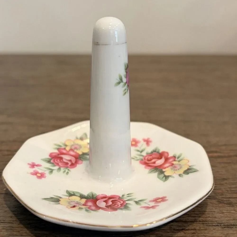 Vintage Porcelain Pink & Yellow Floral Ring Jewelry Holder Gold Trim 3” Tall